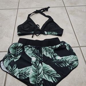 SHEIN Black and Green Leaf Print Bikini Set